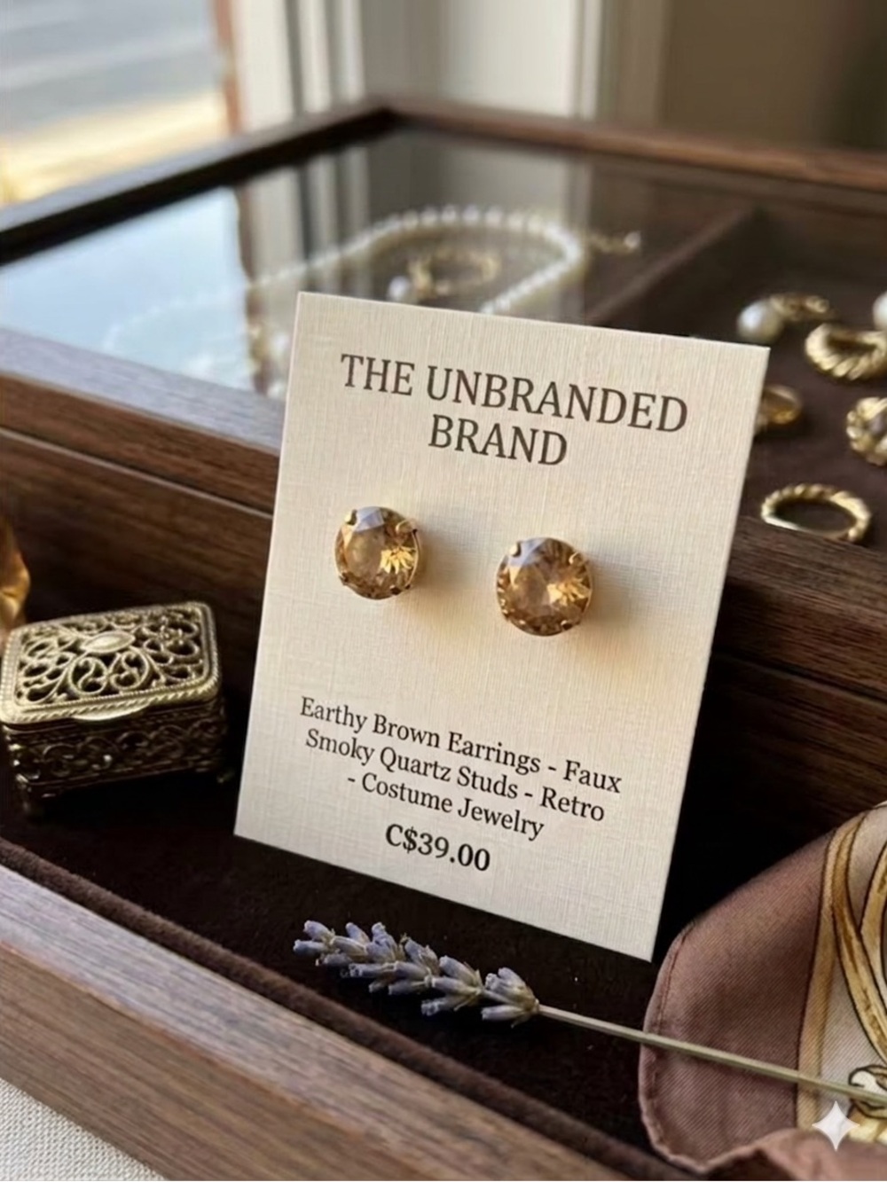 Earthy Brown Earrings – Faux Smoky Quartz Studs – Retro Costume Jewelry